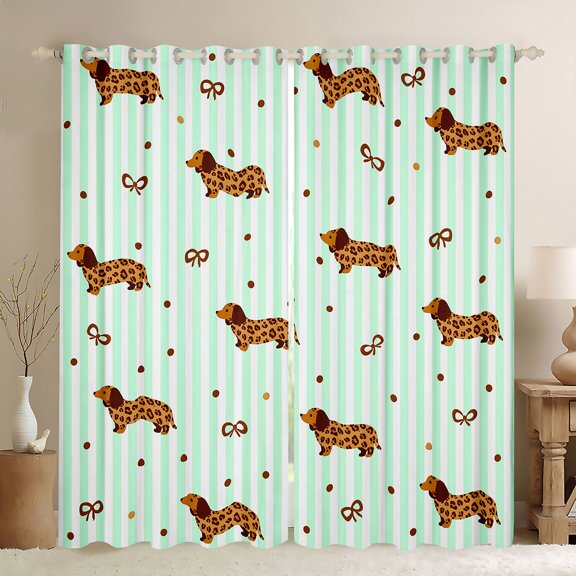 Homewish Dachshund Bow Kitchen Curtains,Cute Animal Black Out Curtains Pack of 2 (42x63 Each),Green White Stripes Decor