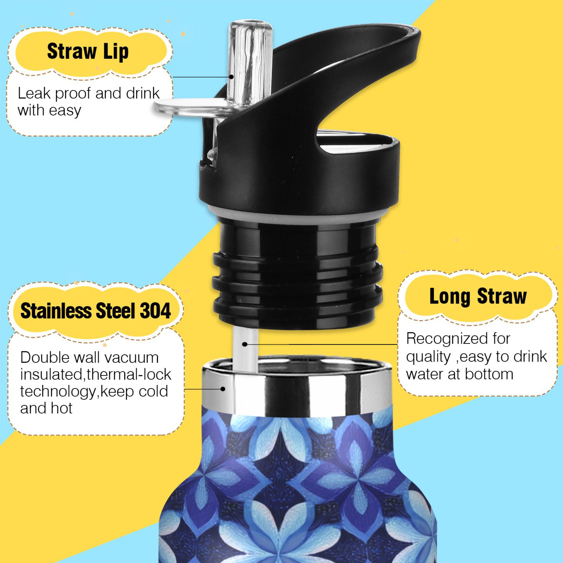 600ML Stainless Steel Insulated Cup Sports Water Bottle Portable Thermos Cup Water Glasses Insulated Tumblers Convenient and Durable Beautiful Dark Blue Pattern
