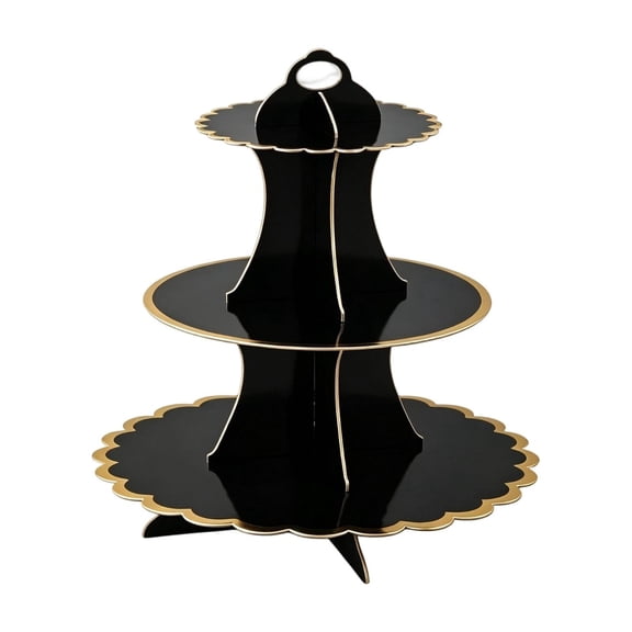3 Tier Halloween Cupcake Stand, Black Cardboard Dessert Tower with Gold Foil Edges, Disposable Cake Treat Display for Party Table Decor