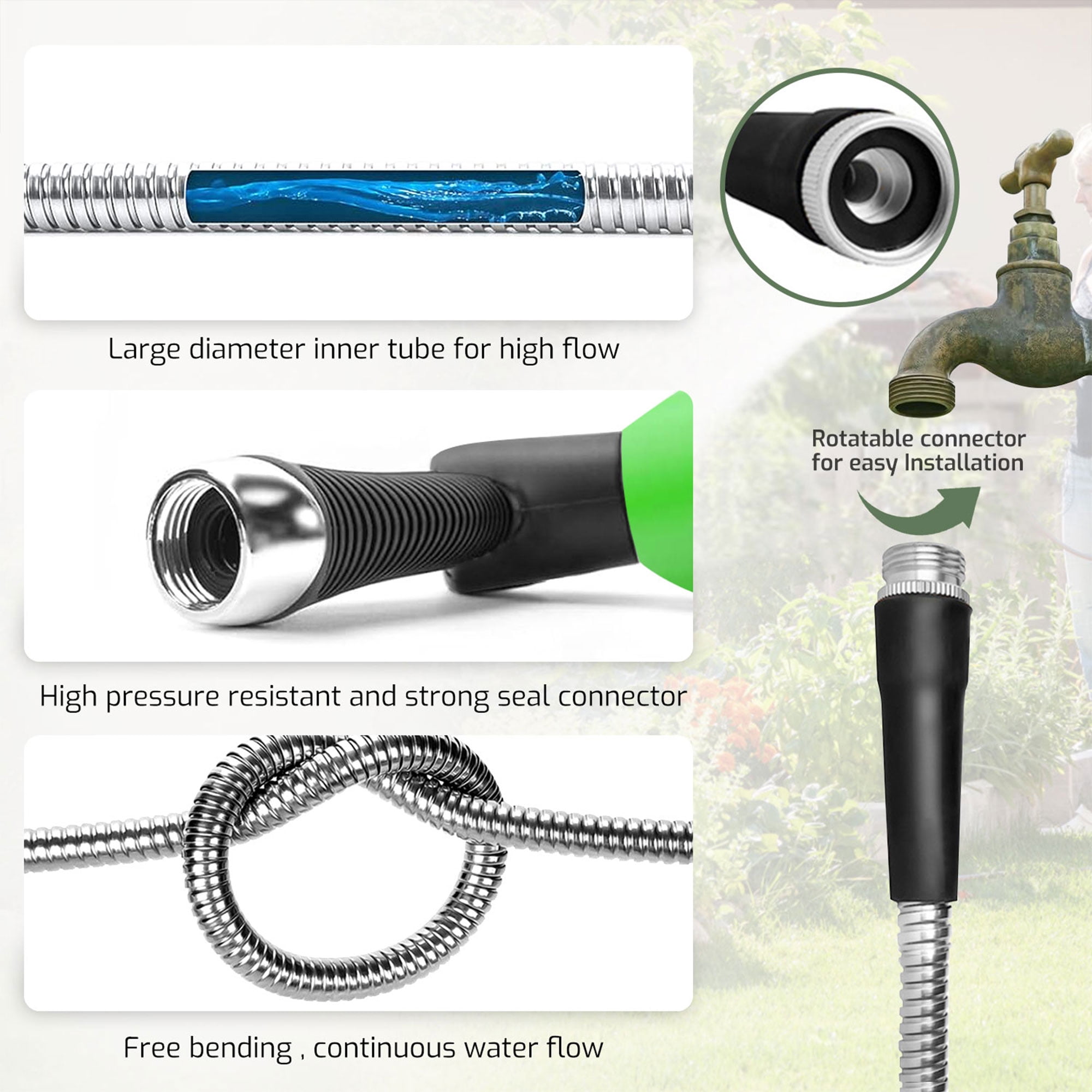 GVDV Garden Hose, 3/4 inch x 100ft Metal Water Hose with Spray Nozzle, Leak Proof, Tangle Free, 550PSI