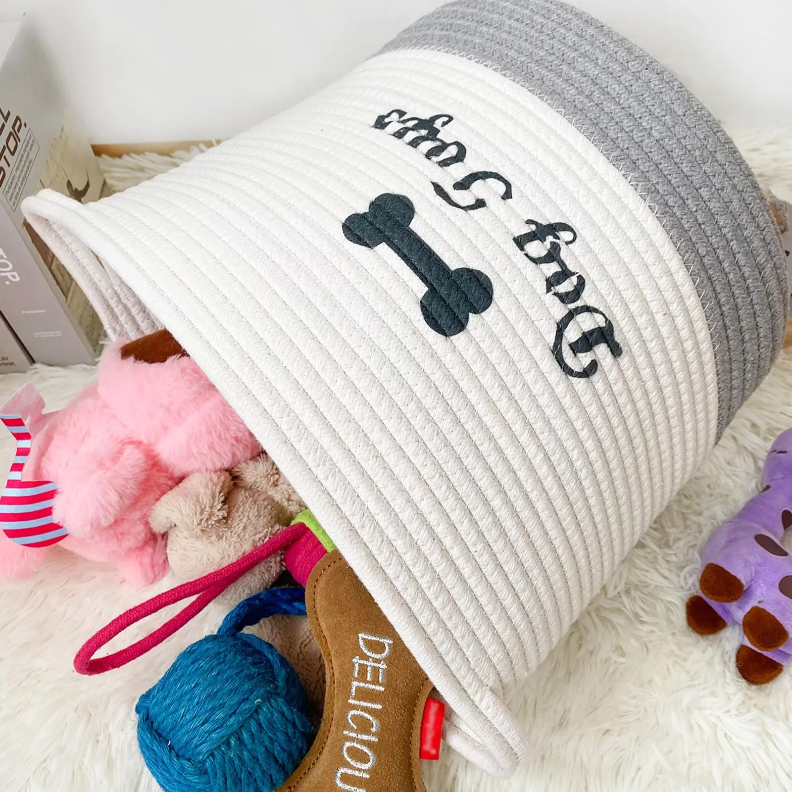 Jumpress Dog Toy Basket, Quality Cotton Rope Dog Toy Storage with Handle, Durable Toy Bin Box for Dog/Cat/Pet Toys, Accessories, Blanket & Leash (#2 Beige Gray, 12’’x12’’x11’’)