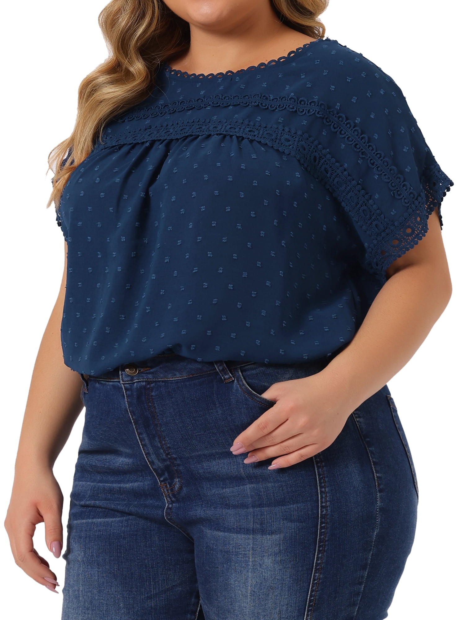 Women's Plus Tops with Swiss Dots Crew Neck Short Sleeve Casual Blouses 4X Dark Blue