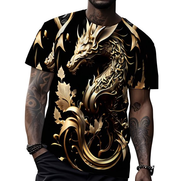 Golden dragon print T-shirt, black mythical dragon with leaf pattern, casual street style