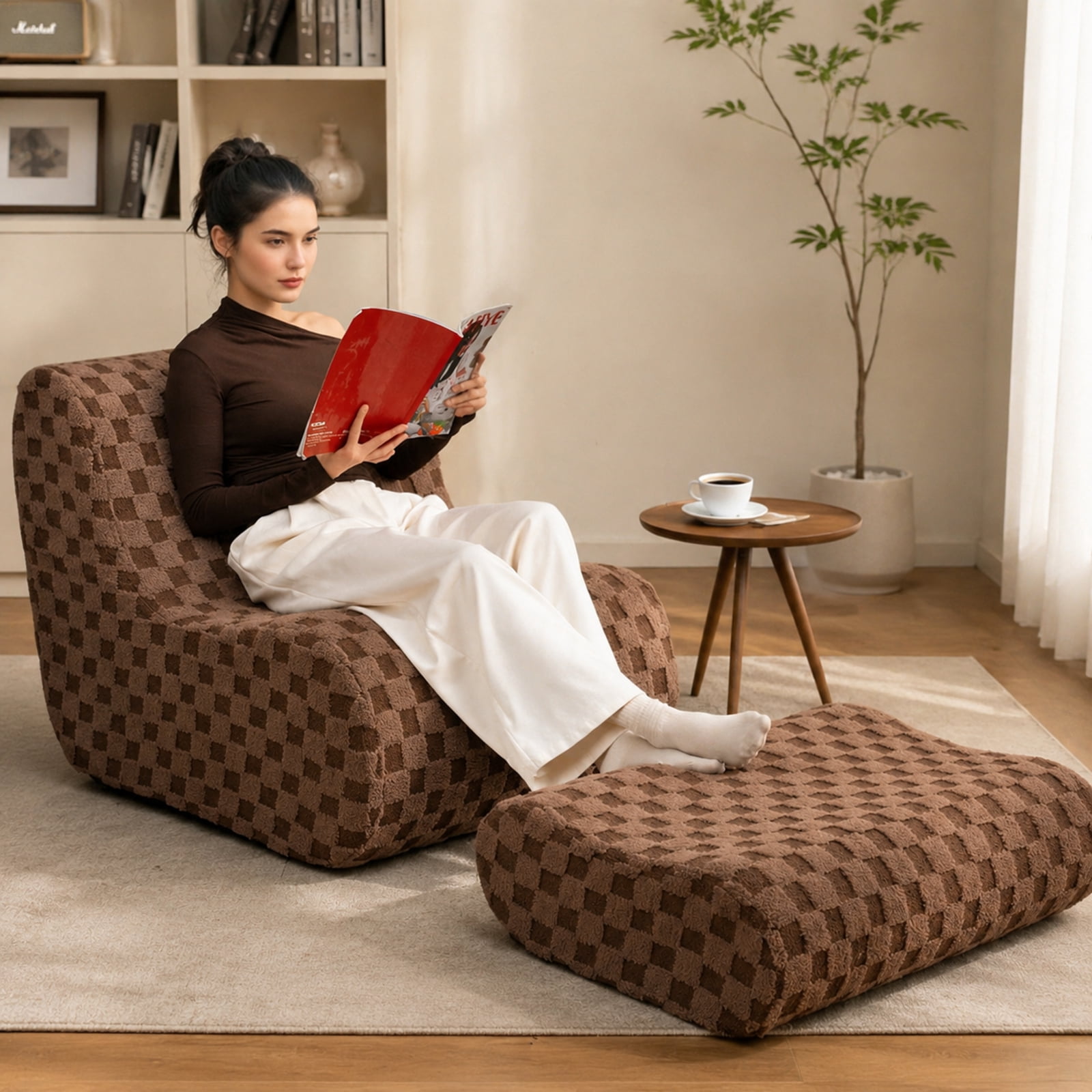 Furnibear Bean Bag Chair with Ottoman and High Elasticity Sponge for Living Room Bedroom Dorm Game Room Lounge Floor Seat, Brown