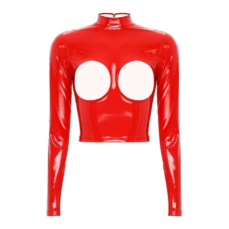 vastwit Women s Cupless Crop Tops Shiny Leather Zipper Back Tops Lingerie Slim Fit Latex Tops Red 3XL