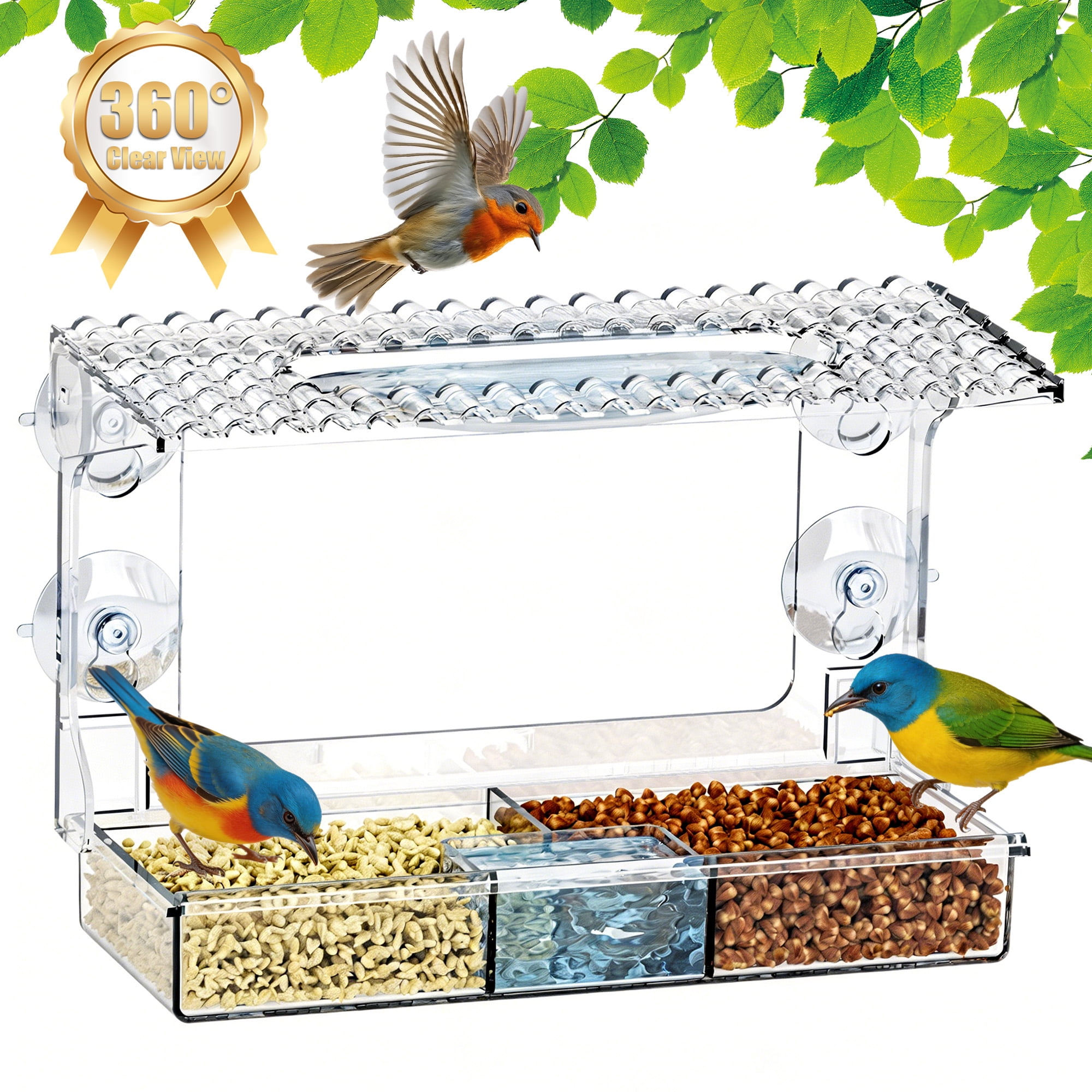 Window Bird Feeder with 4 Strong Suction Cups,Clear Plastic Bird Feeder Window Mount for Outdoor, No-Drill Bird Watching House for Garden Backyard, Weatherproof Bird Feeder Gift,Garden Decor