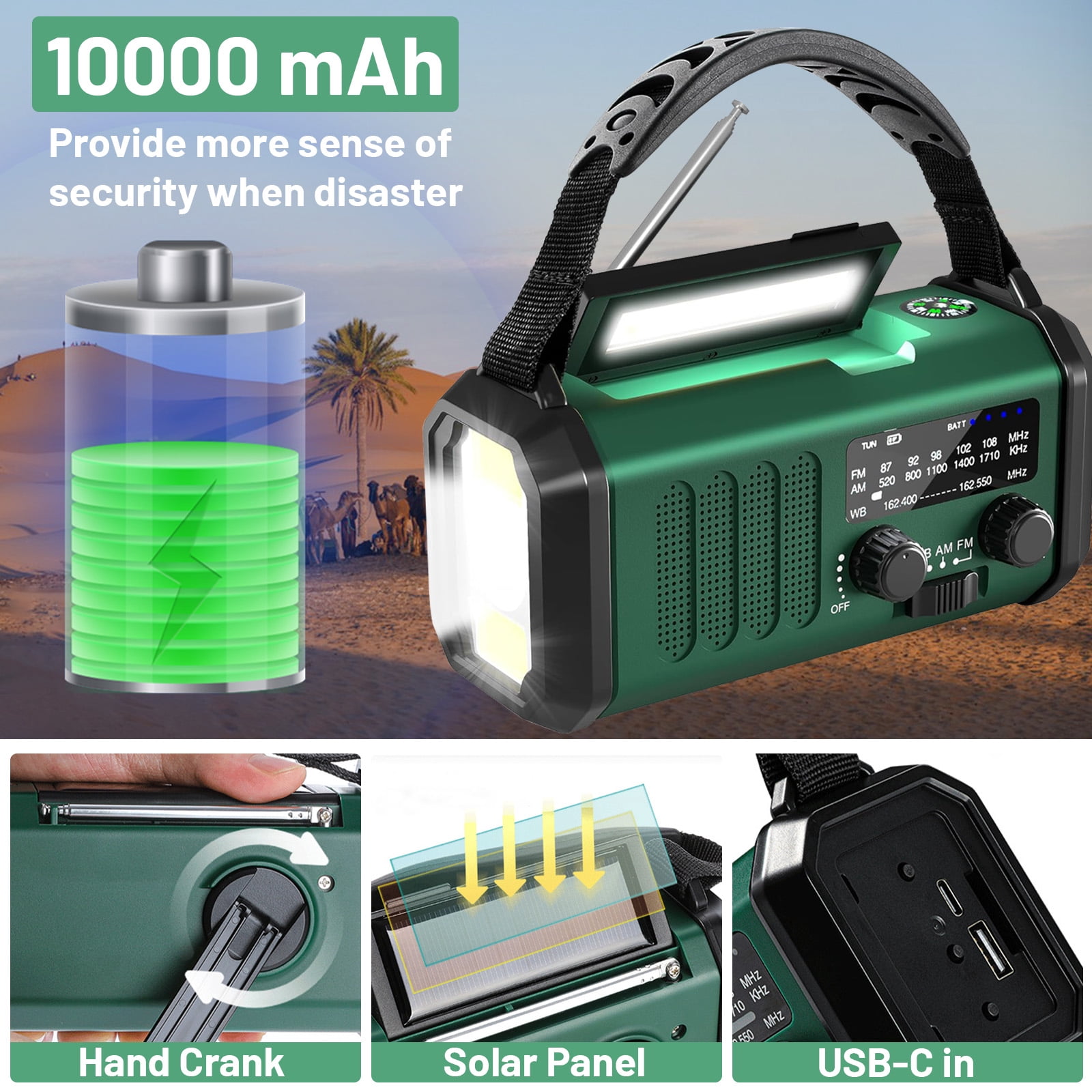 Geemuslly 10000mAh Hand Crank Emergency Radio,NOAA/AM/FM Weather Radio with Type-C Charge, Solar Charging, SOS, 3 Modes LED Torch, Reading Lamp, Compass for Camping, for Indoor Outdoor Emergencies