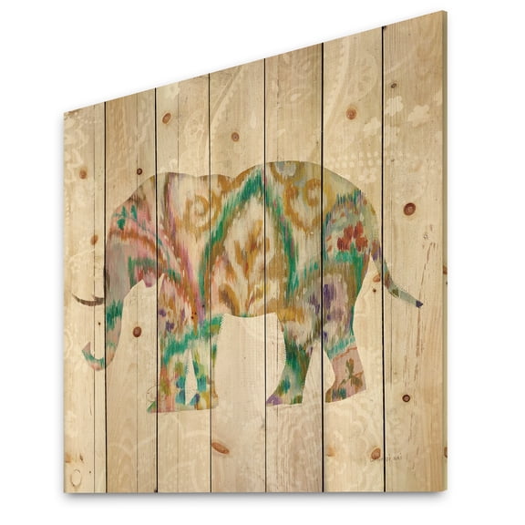 Designart 'Boho Paisley Elephant II vII' Bohemian & Eclectic Print on Natural Pine Wood