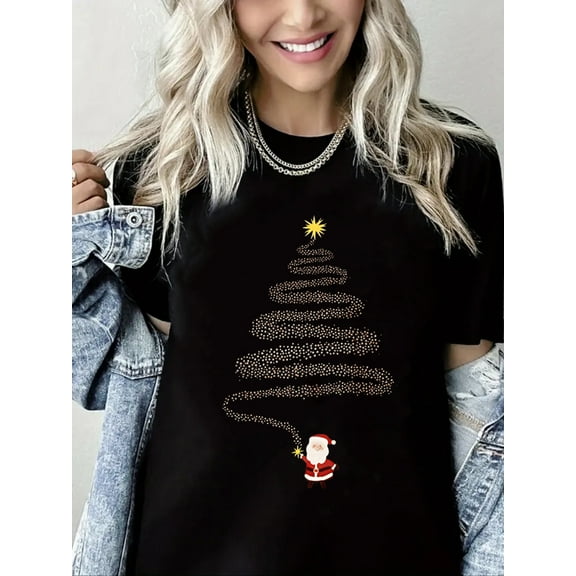 Merry Christmas T-Shirt Santa Christmas Tree Graphic Casual Short Sleeve Shirt for Women