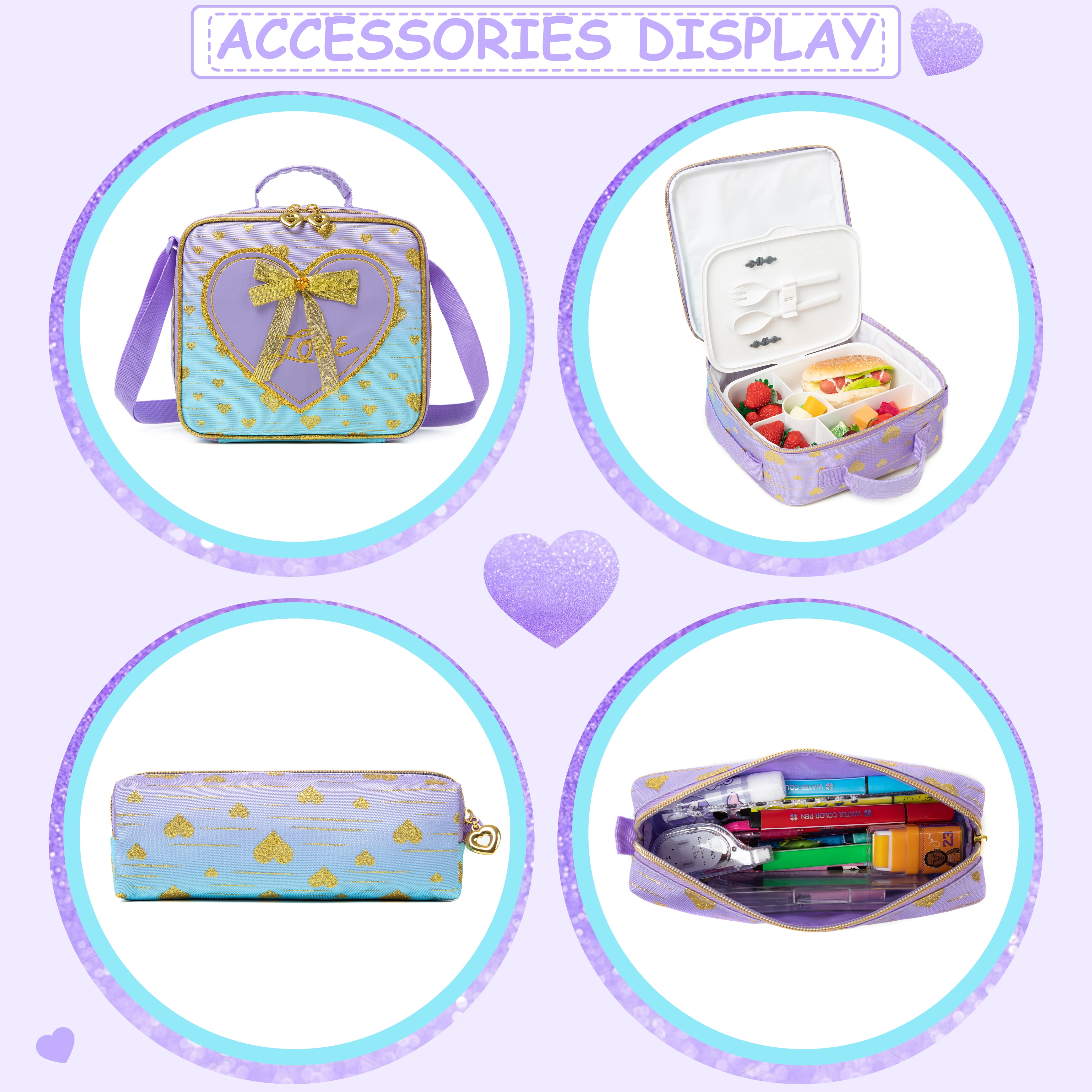 Kids Rolling School Backpack with Wheels Roller Backpacks for Girls Carry on with Lunch Box Pencil Case for Age 8-10 Purple