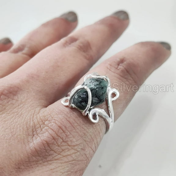 Natural Emerald Ring, Rough Emerald Gemstone Ring, AAA May Birthstone, Hippie Wire Ring, 925 Sterling Silver, Womens Ring, Christmas, Thanksgiving, Handmade, Statement Jewelry, Rough Gemstone Jewelry