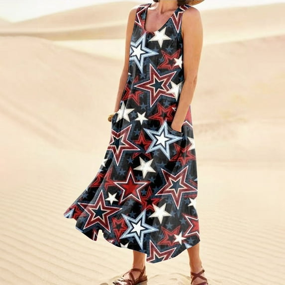 Perfect Summer Gift HIMIWAY Maxi Cheap Midi Wedding Guest Plus Size Women 5393 Summer Loose Casual Large Size Independence Day V-Neck Sleeveless Dress Black XL