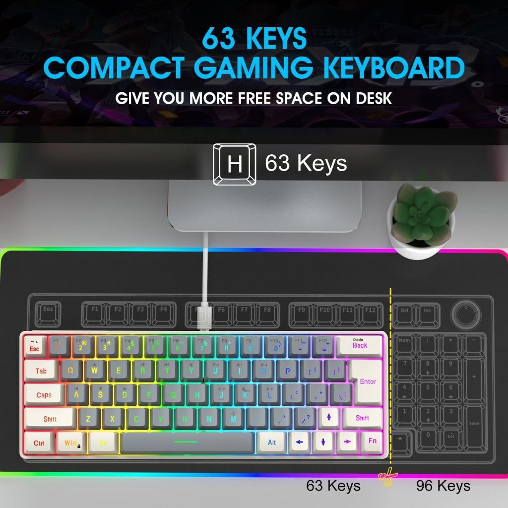 Gaming Mechanical Keyboard Blue Backlits 63 Corded Keyboard LED Gaming Keyboard for Computer Laptop