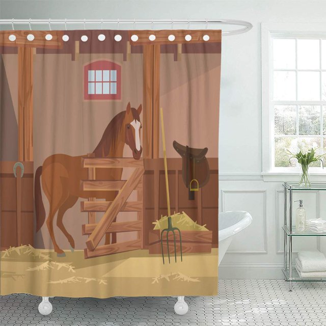 ABPHQTO Establo Granja de caballos Vector Ilustración de dibujos animados plana Puesto Raza Cortina de ducha 150x180 cm