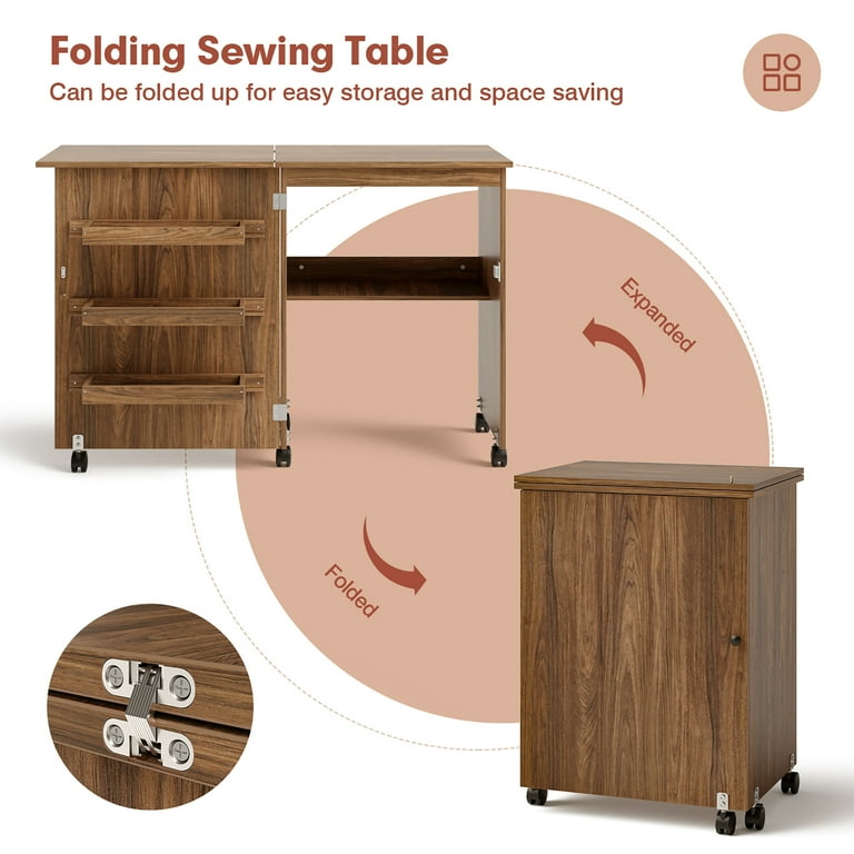 Folding Sewing Craft Table Shelf Storage Cabinet Home Furniture W/Wheels  Brown