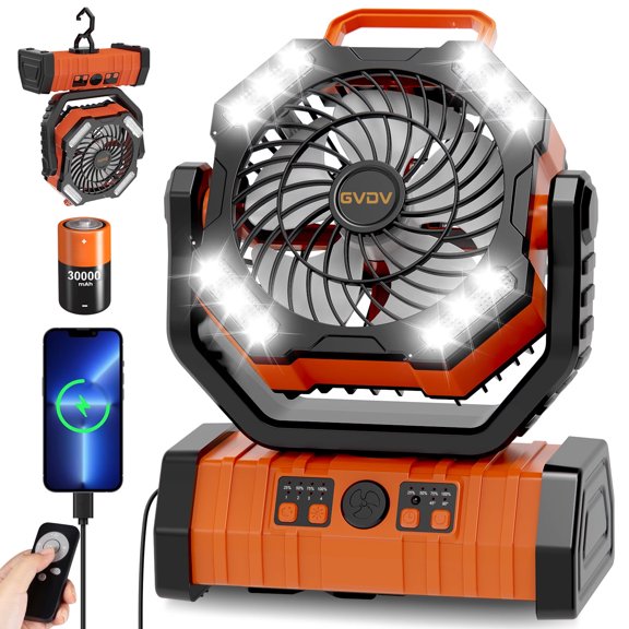 GVDV Camping Fan, Upgraded 30000mAh Portable Battery Operated Outdoor Fan with LED Lights & Remote Control, Personal Rechargeable Desk Fan for Travel, Hiking, Fishing, Picnic, Orange