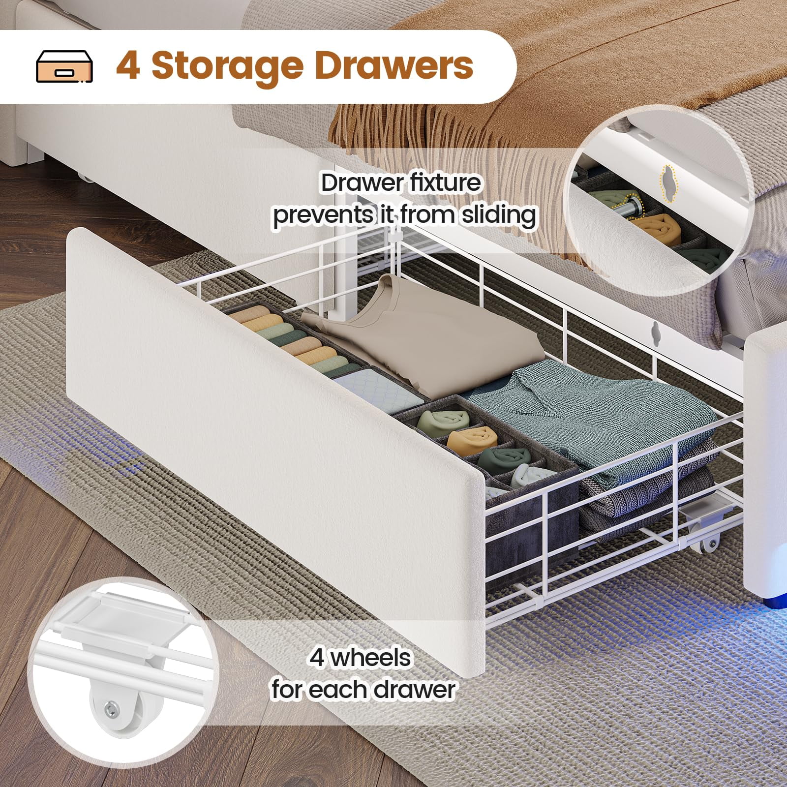 Full Size Bed Frame with Bookcase Headboard & 4 Storage Drawers,LED Bed Frame with Charging Station-Power Outlet, Modern Velvet Upholstered Platform Bed,No Box Spring Needed, Creamy White