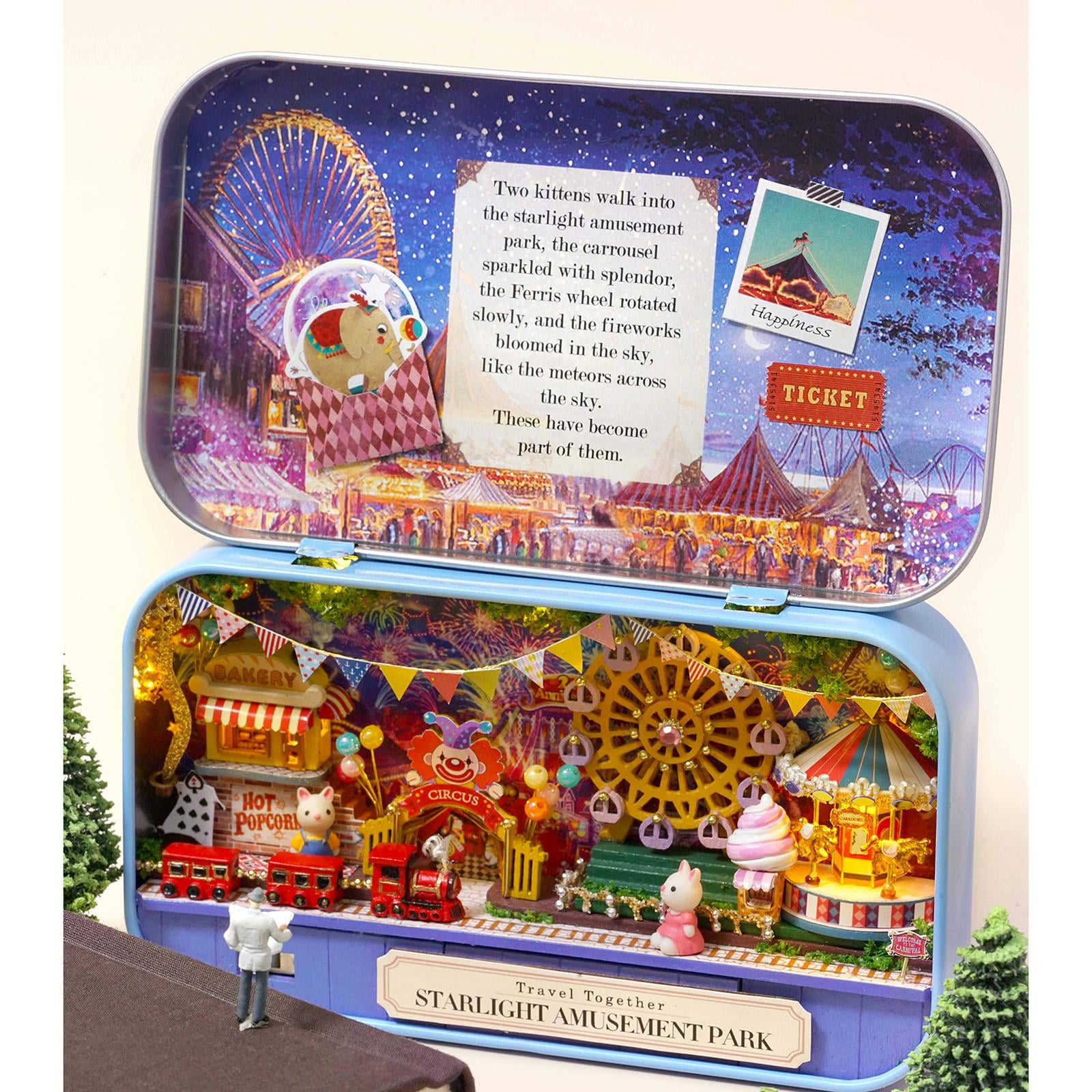 Bunblic Box Theatre Dollhouse Miniature Toy Dolls Life Scene Diy Miniature Doll House Led Light Kids Adults Multicolour 14.3x8.4x2.6cm