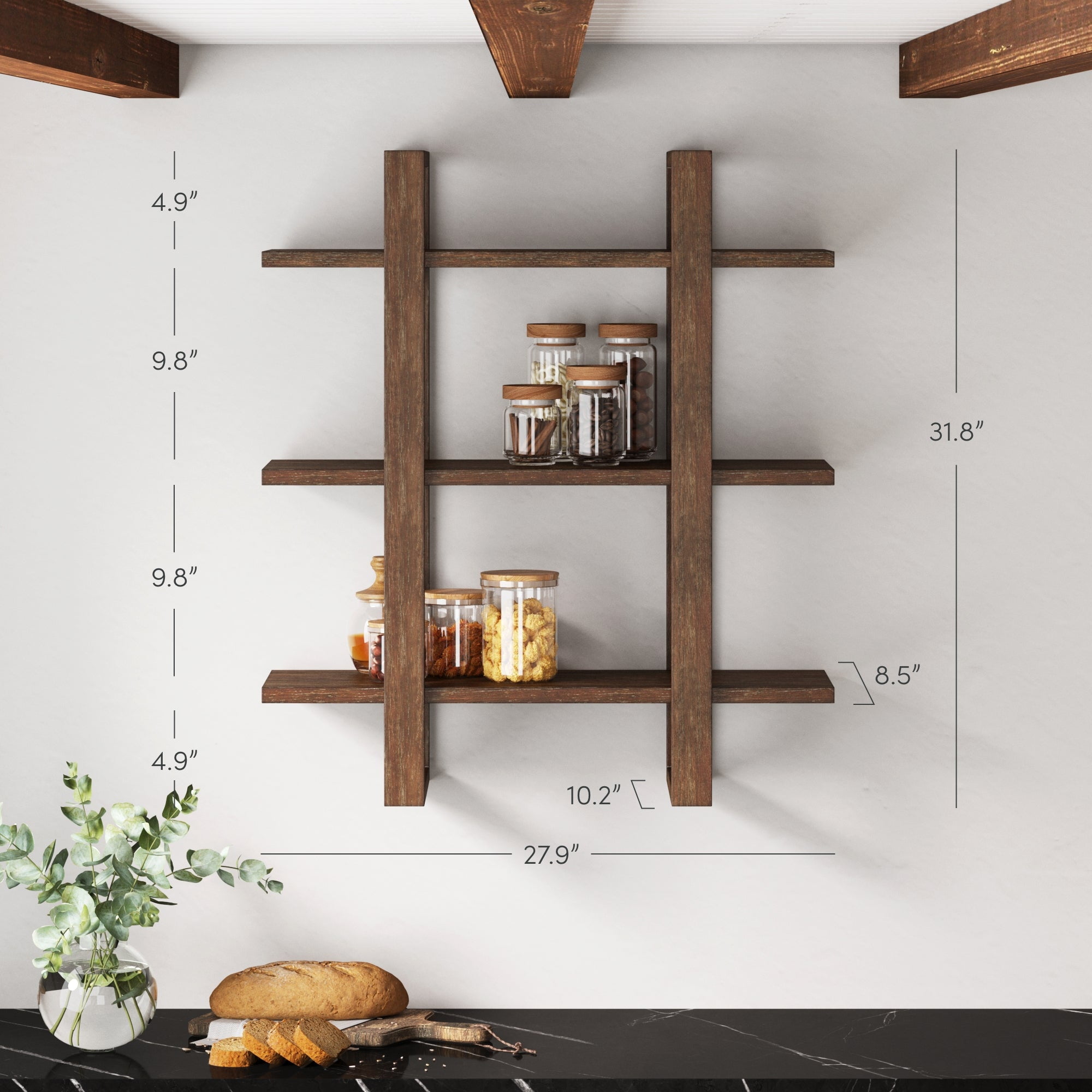 Nathan James Benji Floating Wall Book Shelves, 3-Tier Display Shelf, Decorative Modular Shelf in Solid Wood, Dark Brown