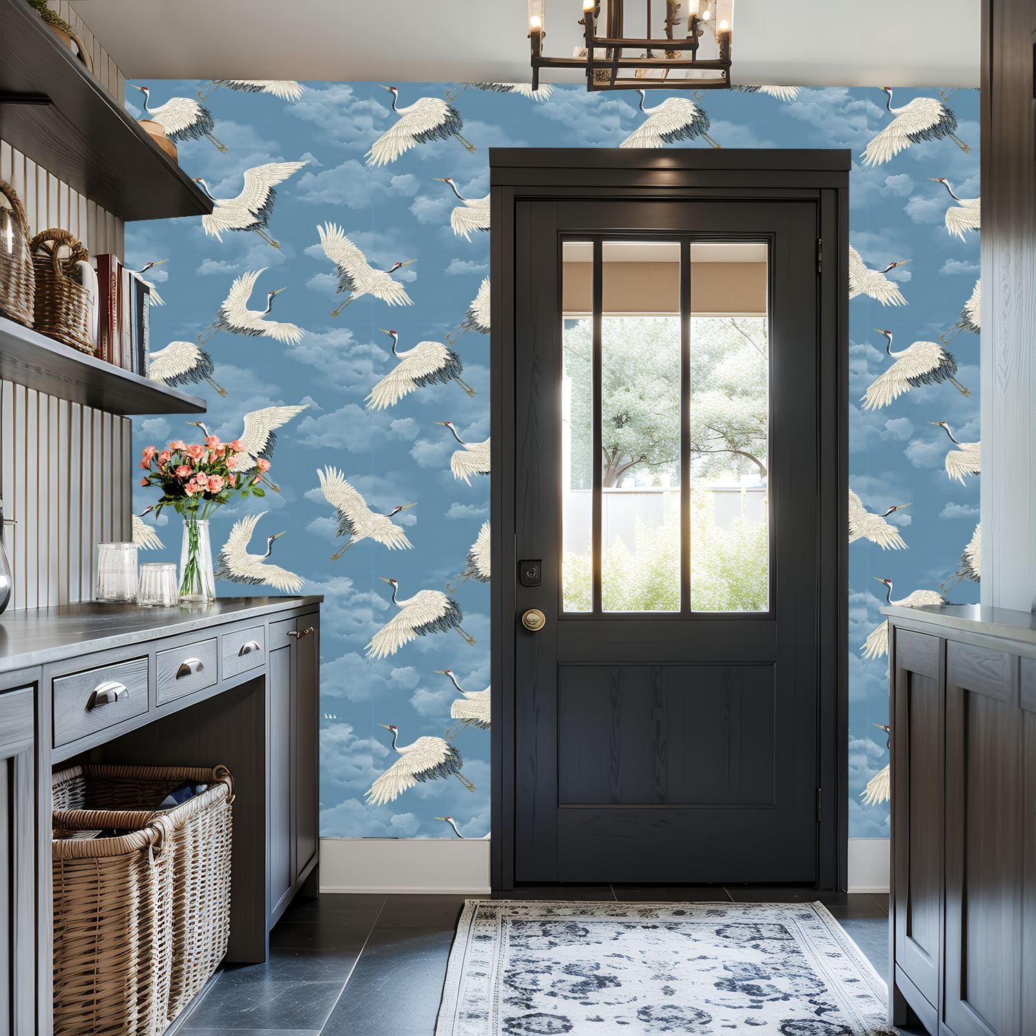 Crane Peel and Stick Wallpaper 17.7in x 9.8ft Cranes Soft Blue Sky Fluffy Clouds Contact Paper Vinyl Waterproof Self Adhesive Wall Paper for Bedroom Shelf Cabinet Renter Friendly