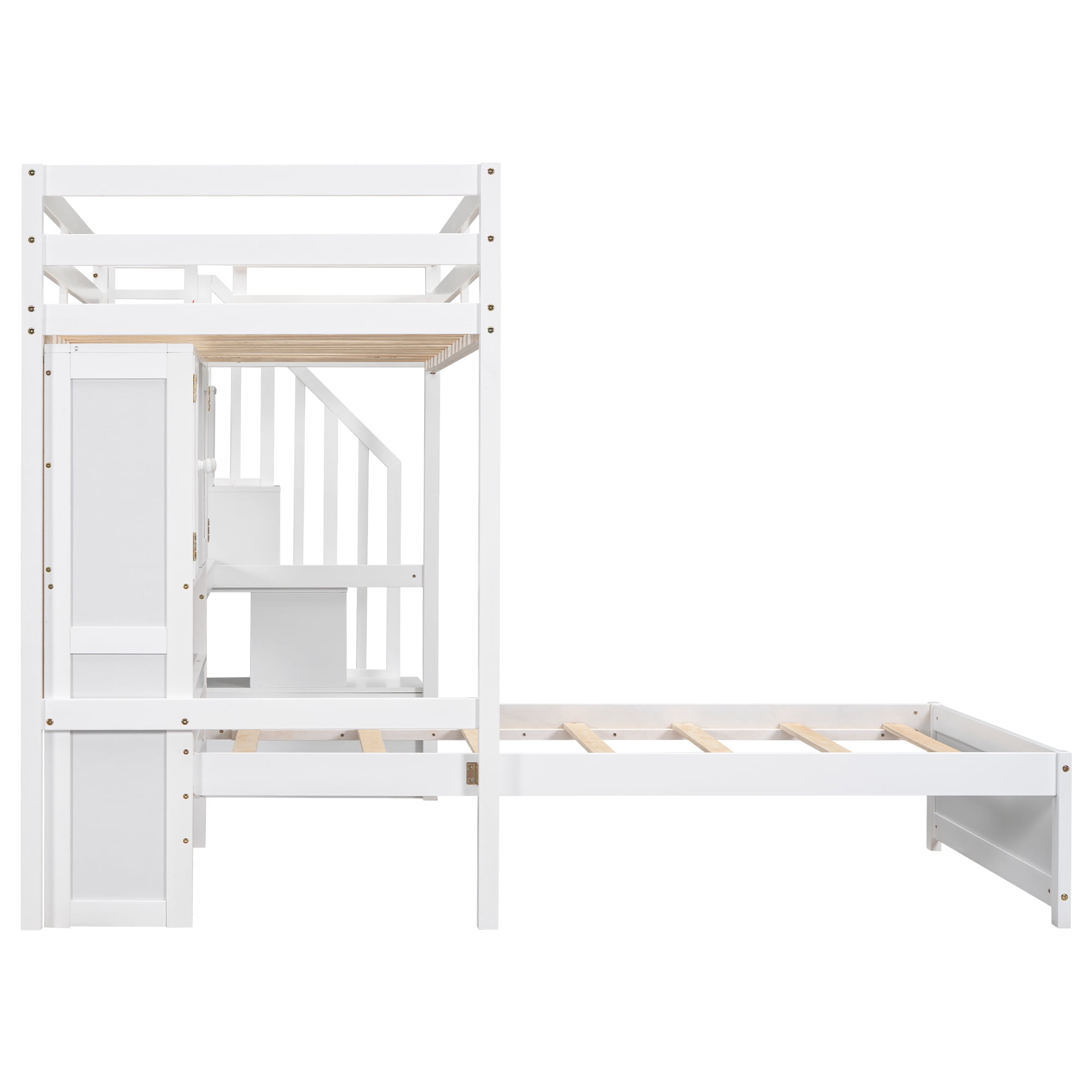 EUROCO Twin over Twin Bunk Bed with Desk and Shleves, Bookcase and Staircase for Kids Teens, White