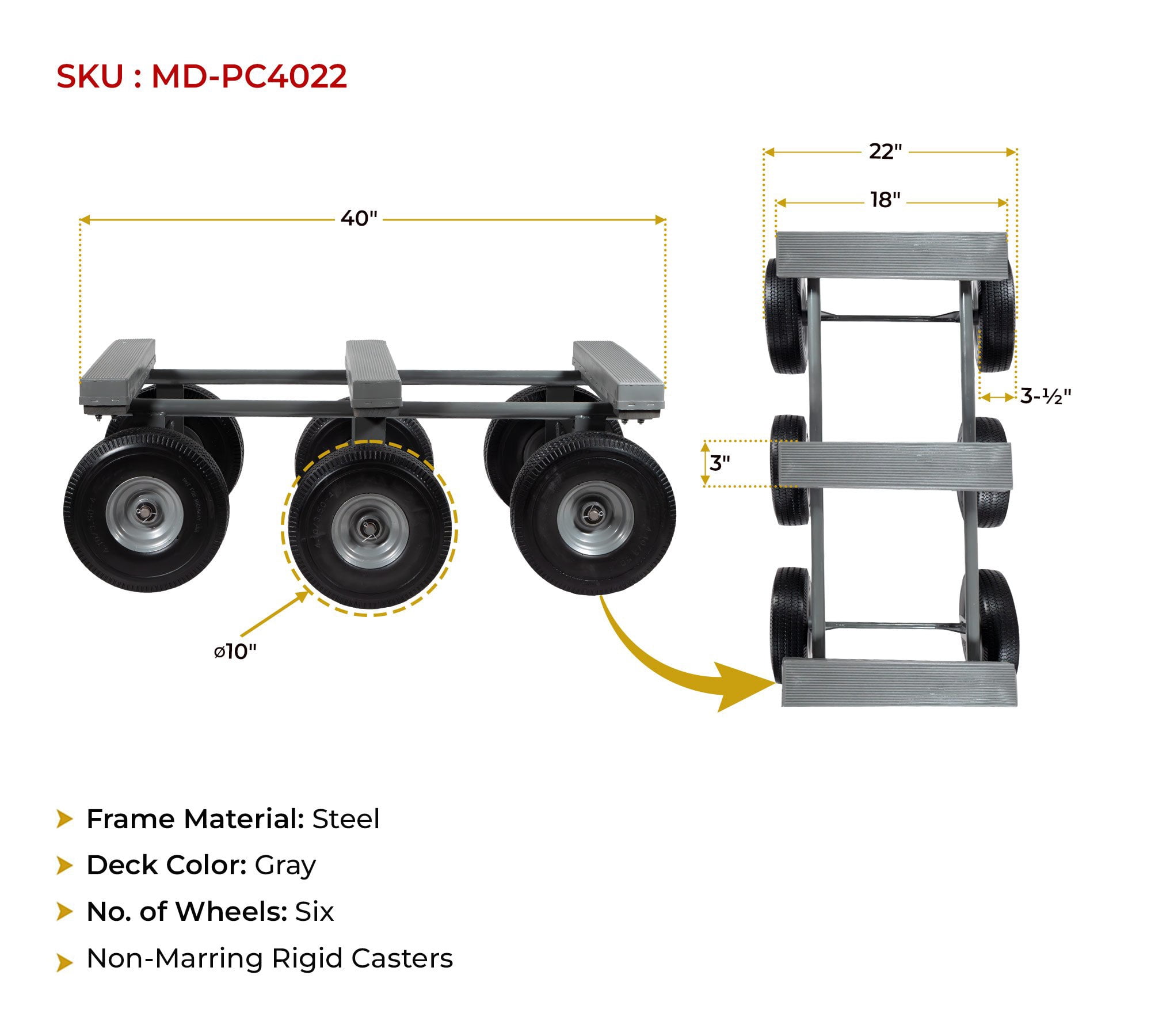 2 Pack 40" x 22" 6 Wheel All Terrain Dolly 1,200 lbs WLL - Heavy Duty Rubber Cap & Hardwood Furniture Moving Dolly w/ 10" Casters