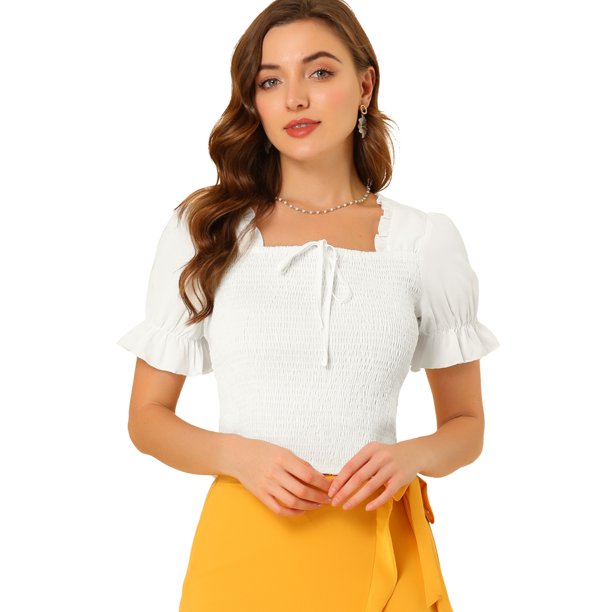Allegra K Blusa Fruncida Con Cuello Cuadrado Y Manga Corta Con Volantes Para Mujer Blanco XS Unique Bargains Blusa