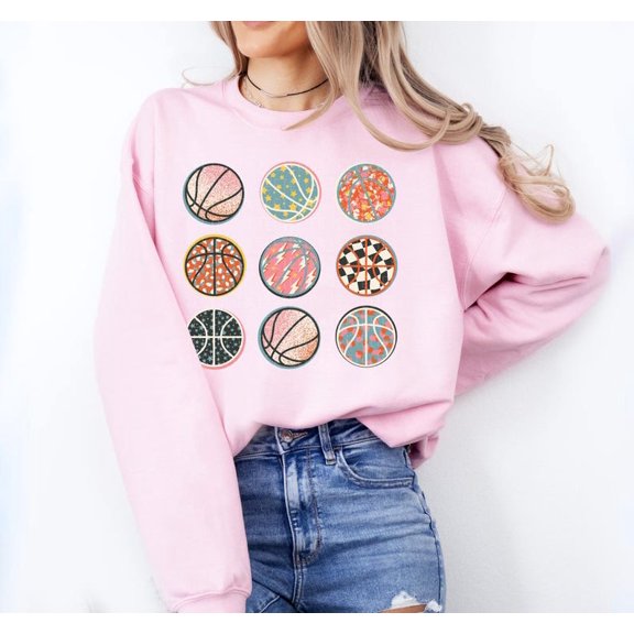 HA Sweatshirts Colorful Basketball Pattern Shirt Retro Sport Lover Crewneck Trendy Hoop Graphic Aesthetic Ball Design Top SWEATSHIRT All Size S-5XL