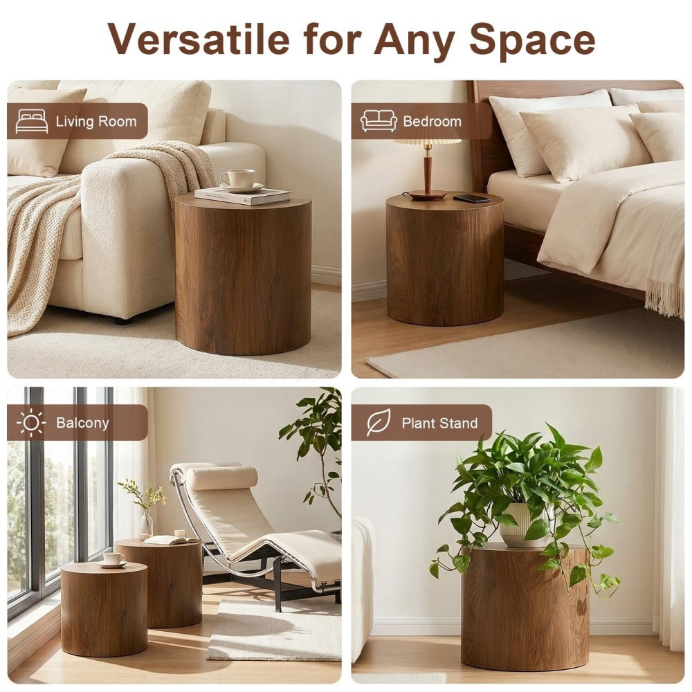 Nesting Coffee Table Set of 2, Modern Round Wood Side Tables with Non-Slip Feet, Small End Tables for Living Room, Bedroom, Office, Balcony, Small Spaces, Walnut