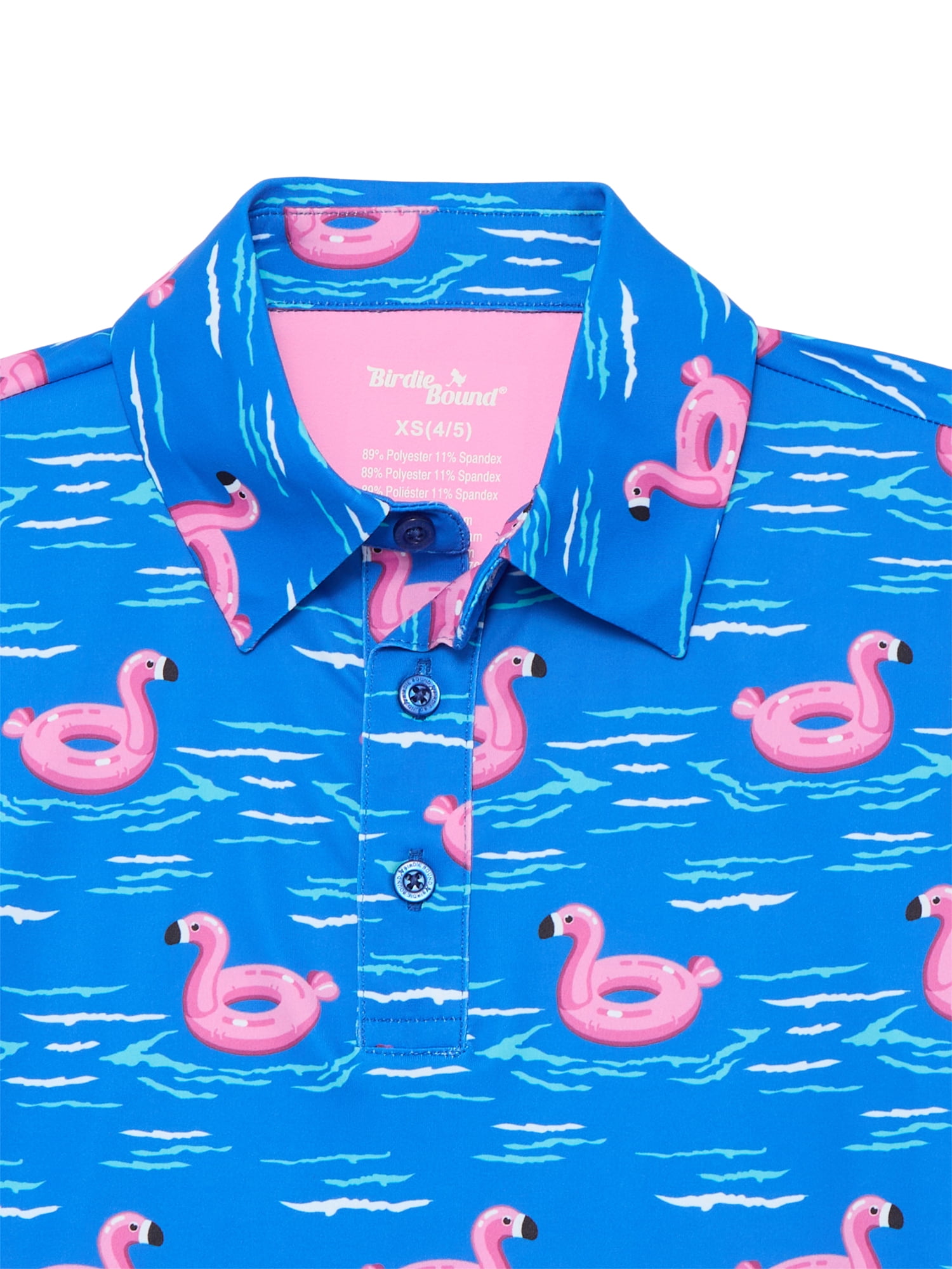 Birdie Bound Boy's Performance Flamingo Floatie Printed Golf Polo Shirt, Sizes XS-XL