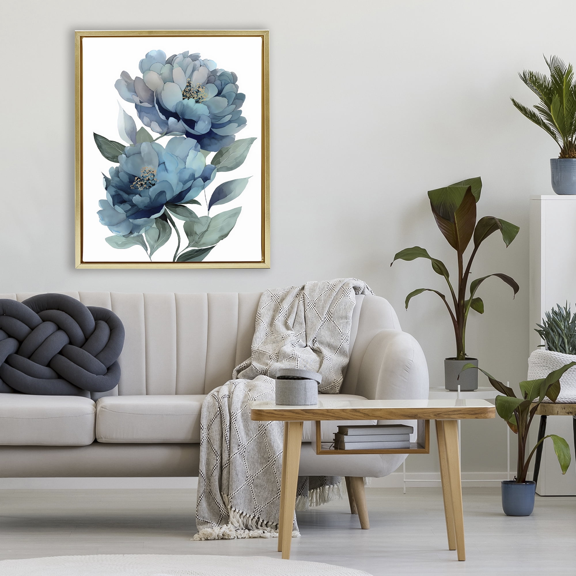 Stupell Industries Two Blue Flowers Serene Peonies Gold Framed Floater Canvas Wall Art, design by Franklyn Gregory