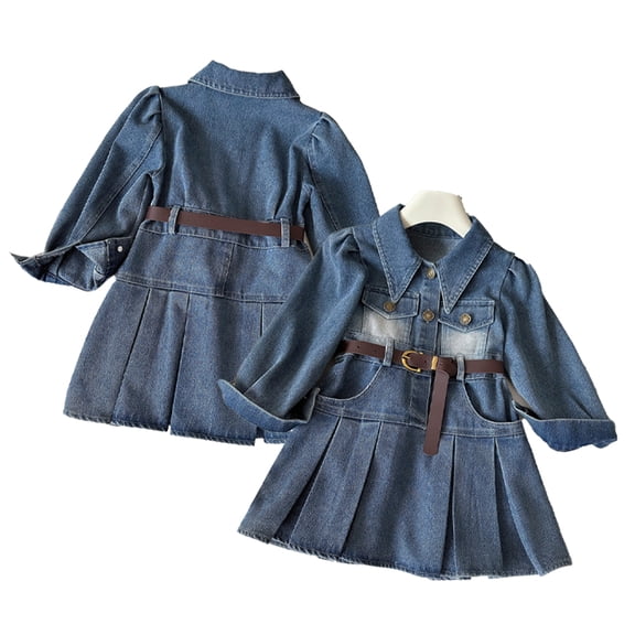 LYMAYTER ‌‌‌Toddler Girls Long-Sleeve Denim Shirt Dress Pleated Skirt Belt for 2-8Y Little Kids Fashion Wear‌