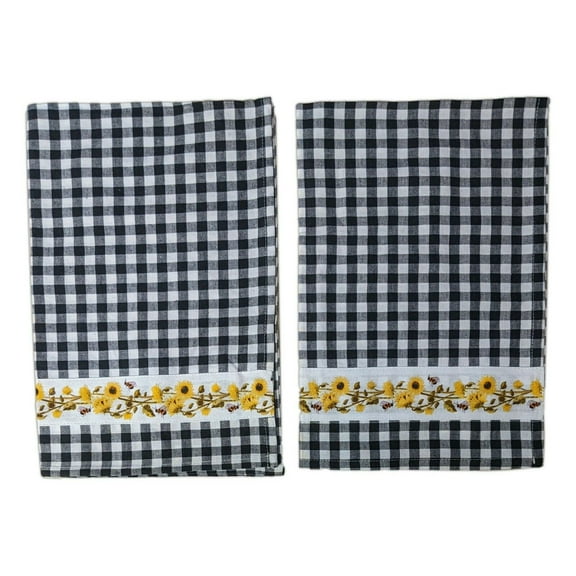 FLOWERS 'N' BEES Black Check Kitchen Towels, Set of 2, The Country House