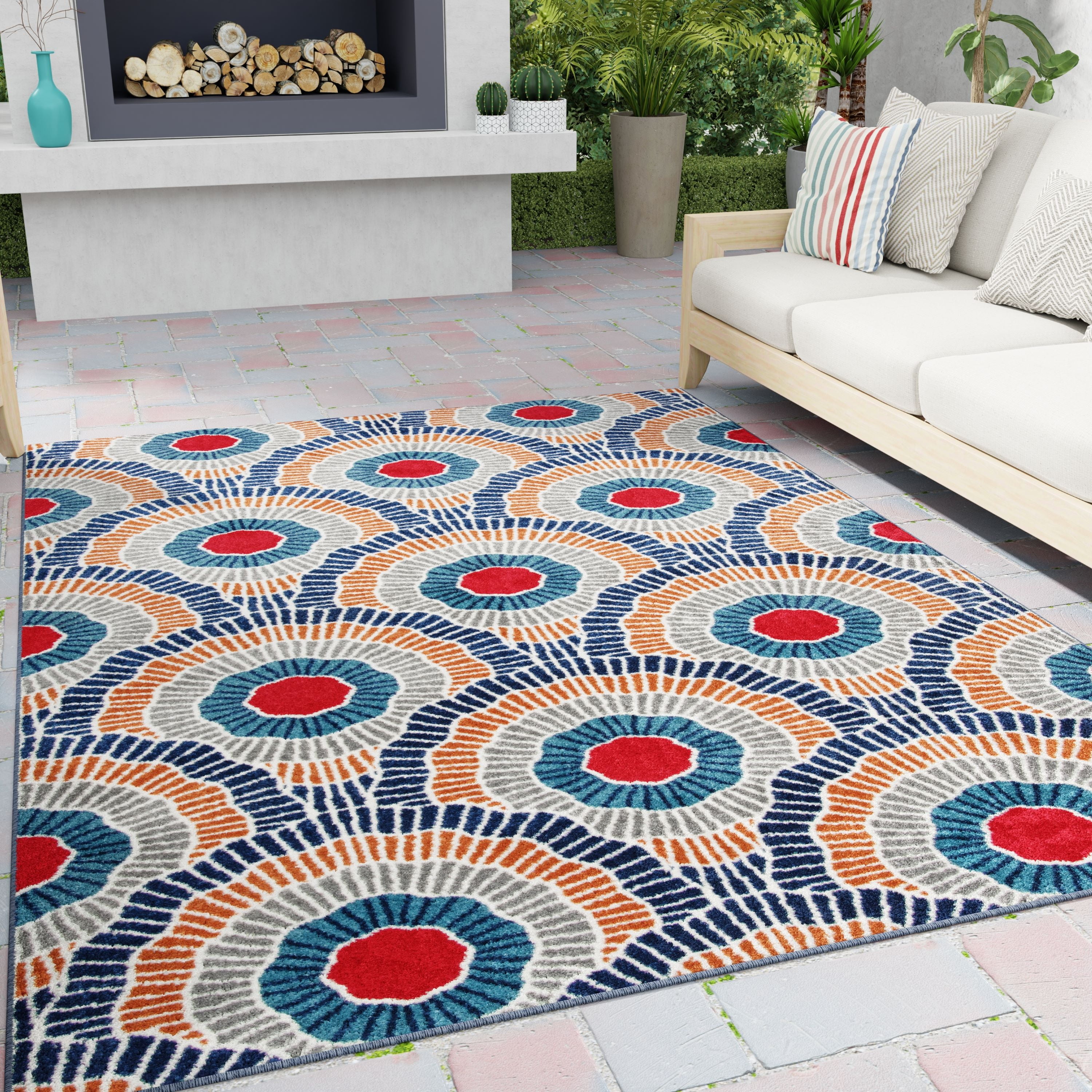 Loomaknoti Terrace Tropic Ferley 2' x 7' Abstract Indoor/Outdoor Runner Rug , Blue/Red
