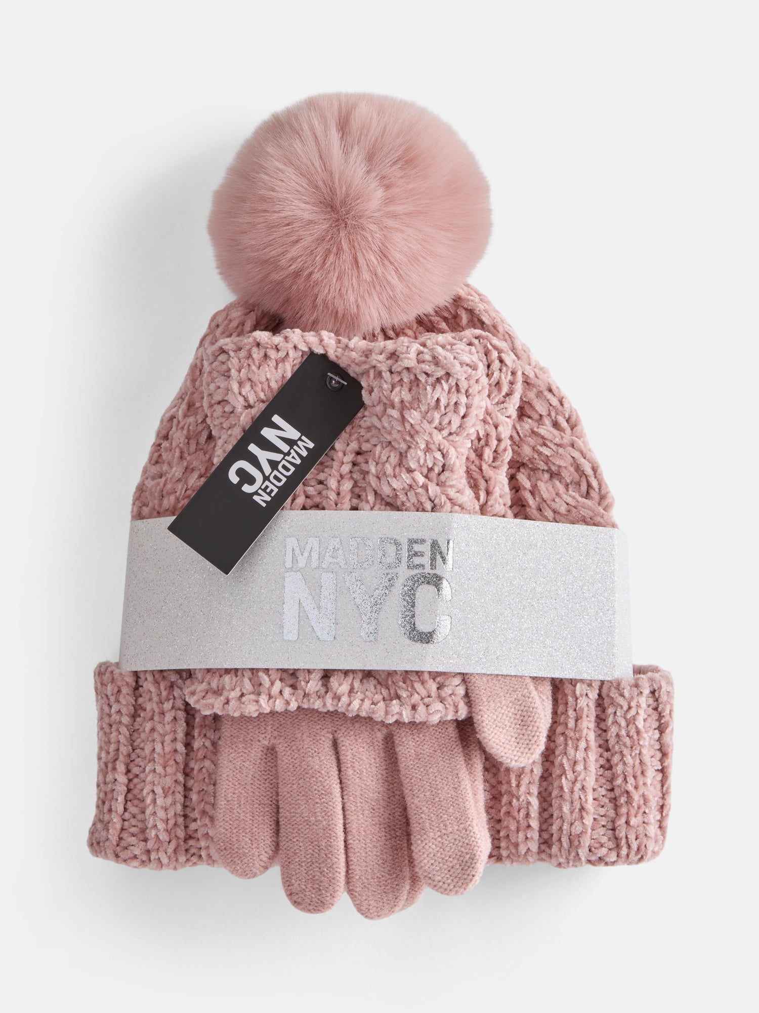 MNYC Women's 2 PC Cable Knit Chenille Beanie w/ Matching Gloves, Dusty Rose