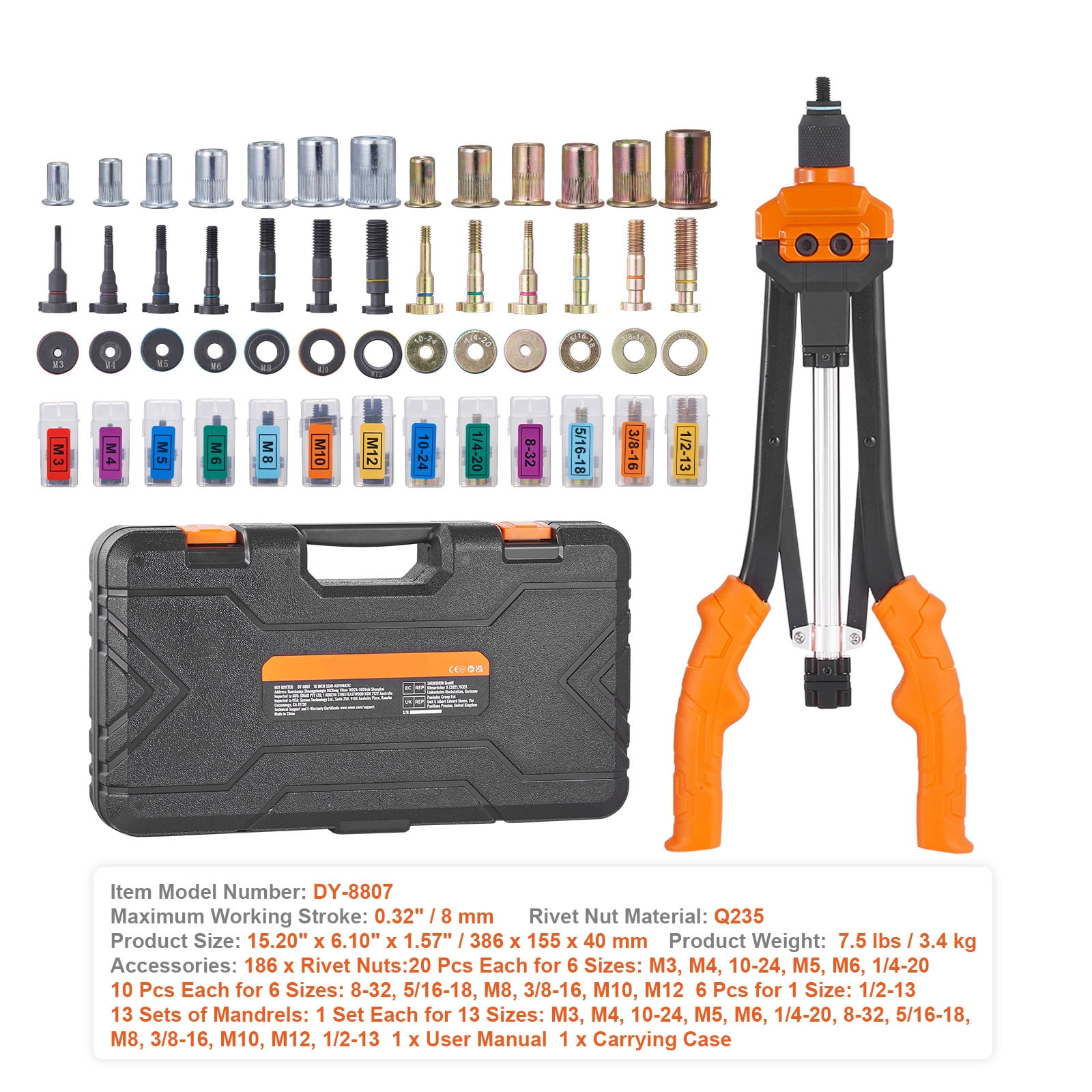 SKYSHALO Rivet Nut Tool, 16” Rivnut Tool Kit with 13PCS Metric and SAE Mandrels, 186PCS Rivet Nuts, M3, M4, M5, M6, M8, M10, M12, 1/4-20, 5/16-18, 3/8-16, 1/2-13, 8-32, 10-24, Semi-auto Retraction