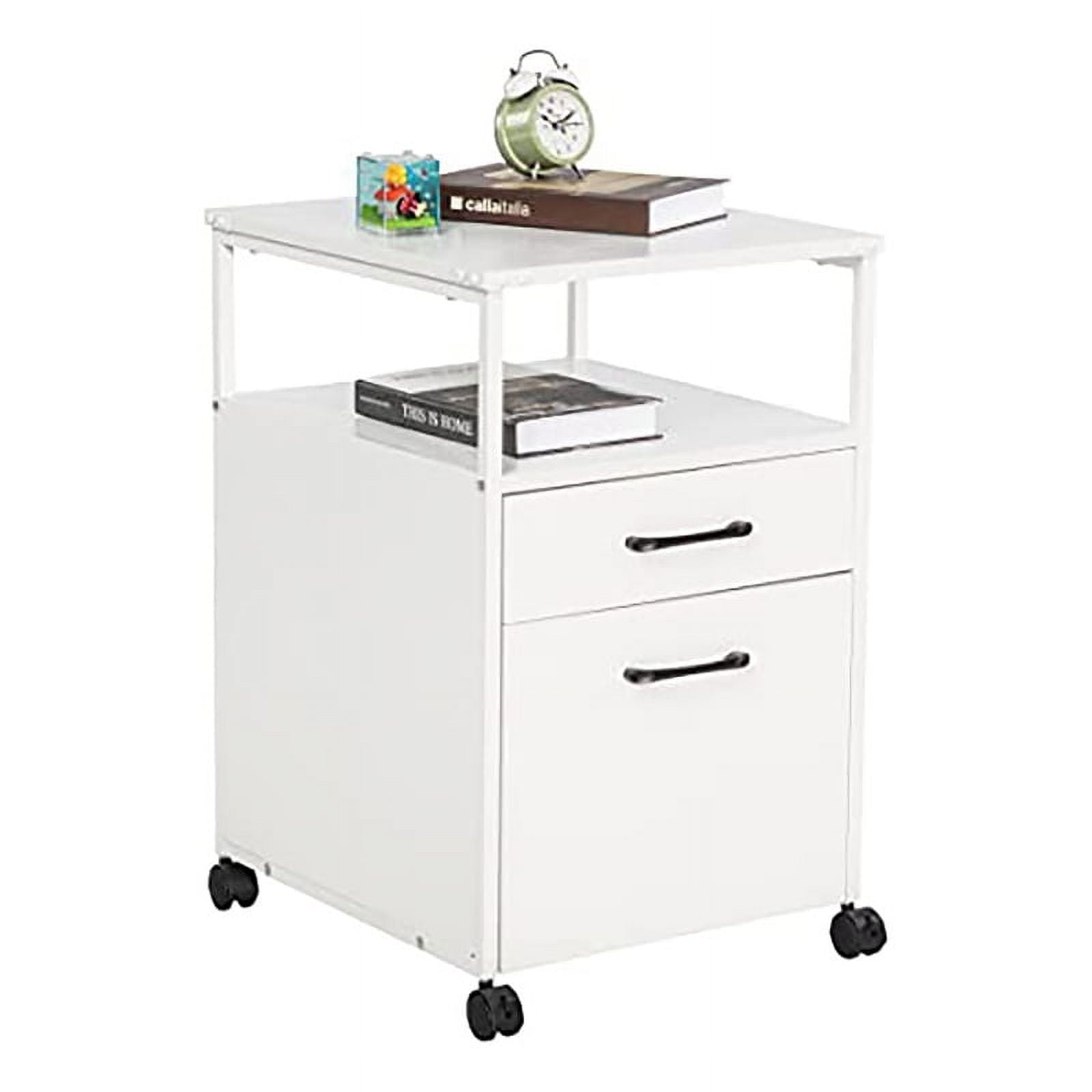 JJS Wood File Cabinet, Mobile Open Shelf Home Office Filing Cabinet Printer Stand for Letter Size Hanging Files, White