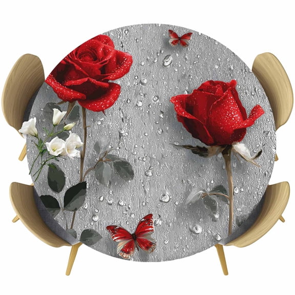 Round Table Cover 45-54 Inch Red Roses Waterproof Reusable Table Cloth Round Fitted Vinyl Tablecloth with Elastic Edged for Parties Outdoors, Valentine's Day Butterflies Floral Romantic Gray