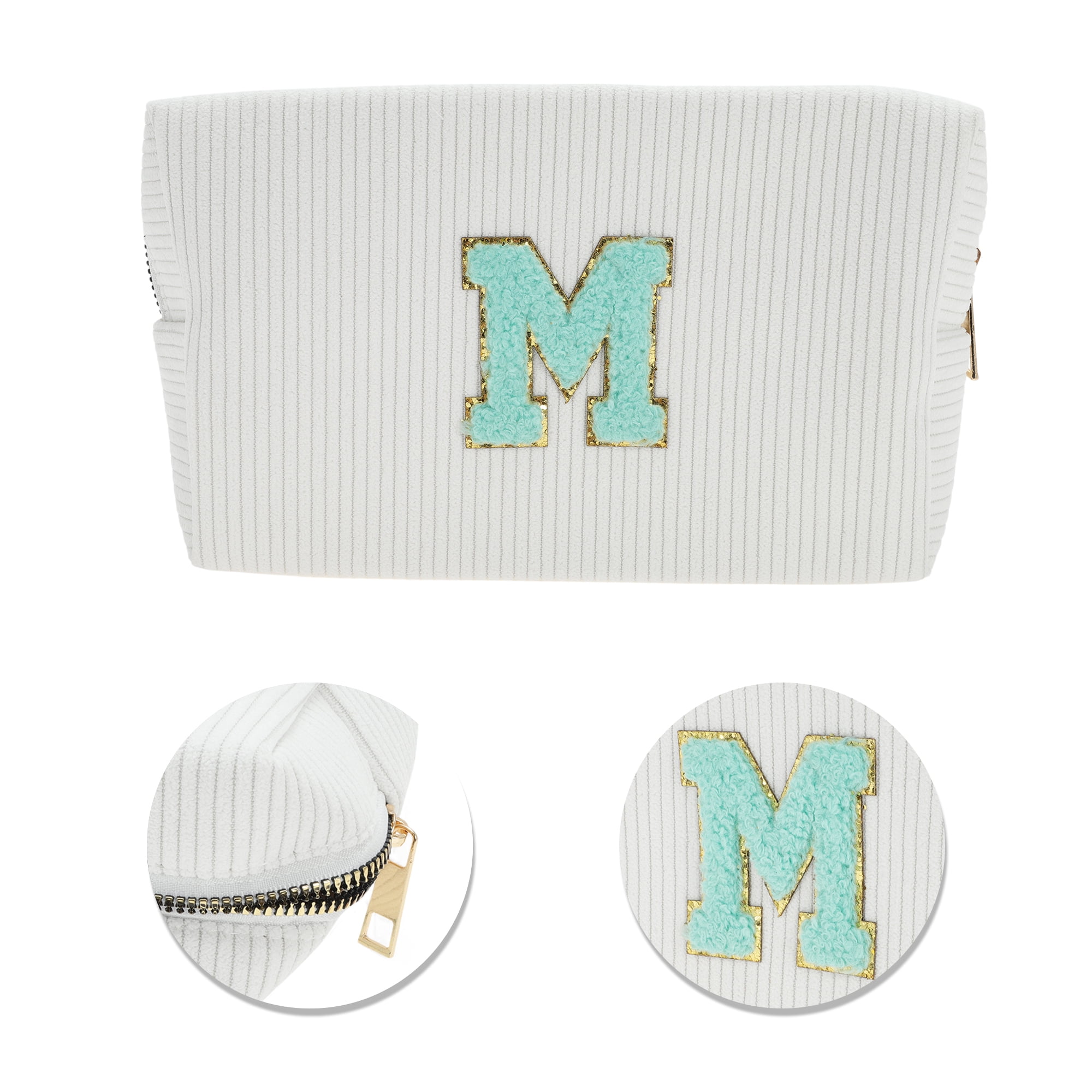 Unique Bargains 1 Pc Portable Corduroy Rectangular Letter Makeup Bag White [Letter M]