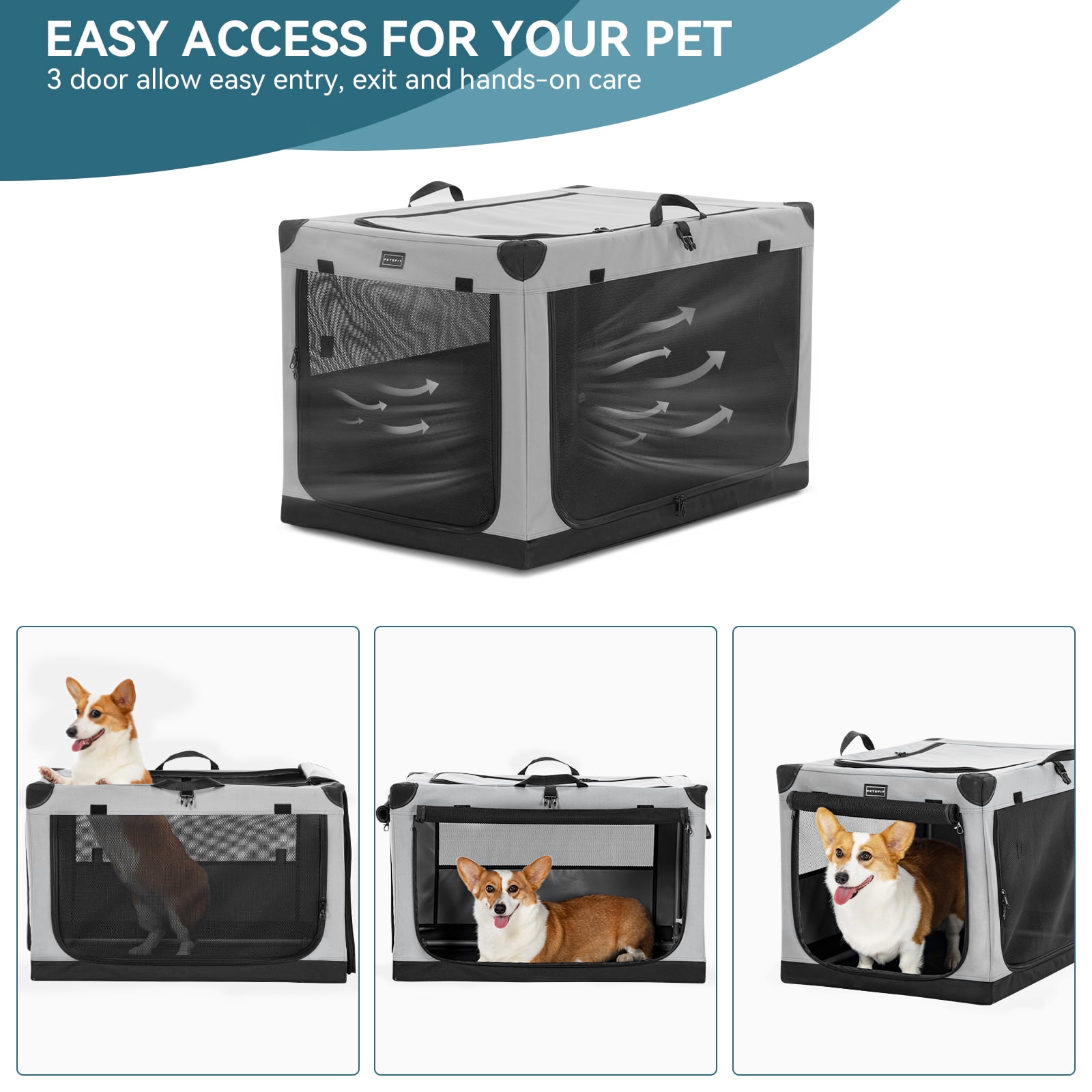 Petsfit 30 Inch Travel Dog Crate, Adjustable Fabric Cover by Spiral Iron Pipe, Chew Proof 3 Door Design, Portable Collapsible Dog Crate Grey