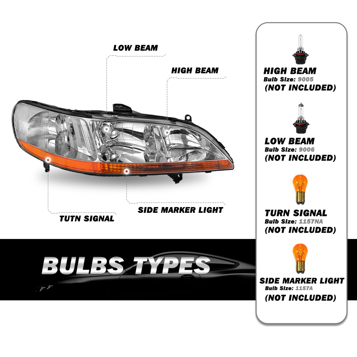 For 98-02 Honda Accord Chrome Amber Headlights Assembly Pair 1998-2002