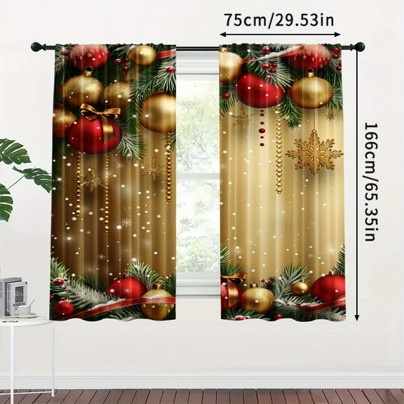 2-Piece Golden Christmas Curtain-with Rod Pocket Design, Digital Printing Polyester Fiber Curtain, Suitable for Living Room, Kitchen, Bedroom, Etc.-Machine Washable Home Structured Curtain