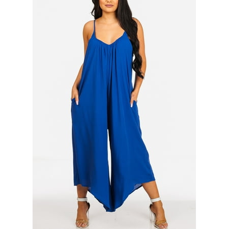 Womens Juniors Summer Casual Relaxed Fit Sleeveless Lightweight Royal Blue Spaghetti Strap Flowy Jumper Jumpsuit 41287V