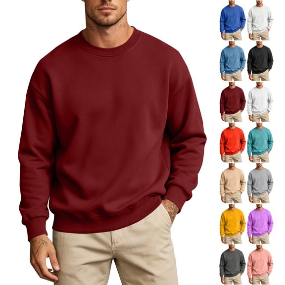 Crew Neck Sweatshirt for Men Drop Shoulder Solid Color Oversized Loose Fit Basic Pullover Long Sleeve Casual Gym Workout Top