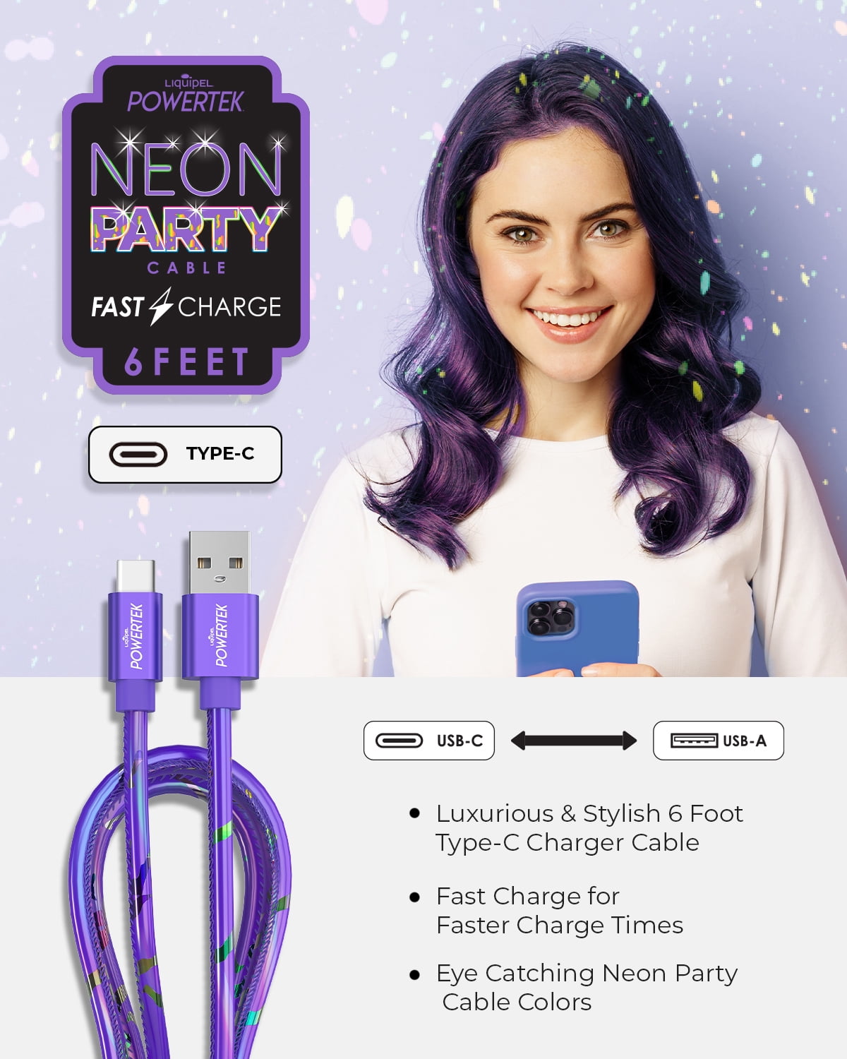 Liquipel Powertek Type-C Fast Charger Cable, 6ft USB-C for Galaxy, Note, Tab, MacBook, Neon Party