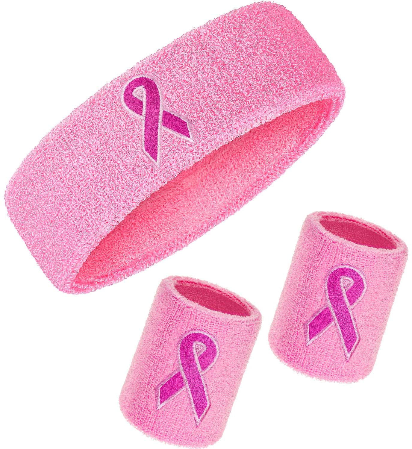 Suddora Pink Ribbon Headband/Wristband Set Breast Cancer Awareness Sweatbands 