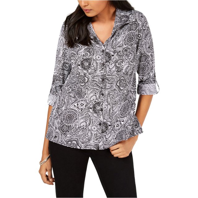 NY Collection Camisa abotonada utilitaria con estampado petite para mujer, negro, PM NY Collection Camisa con botones