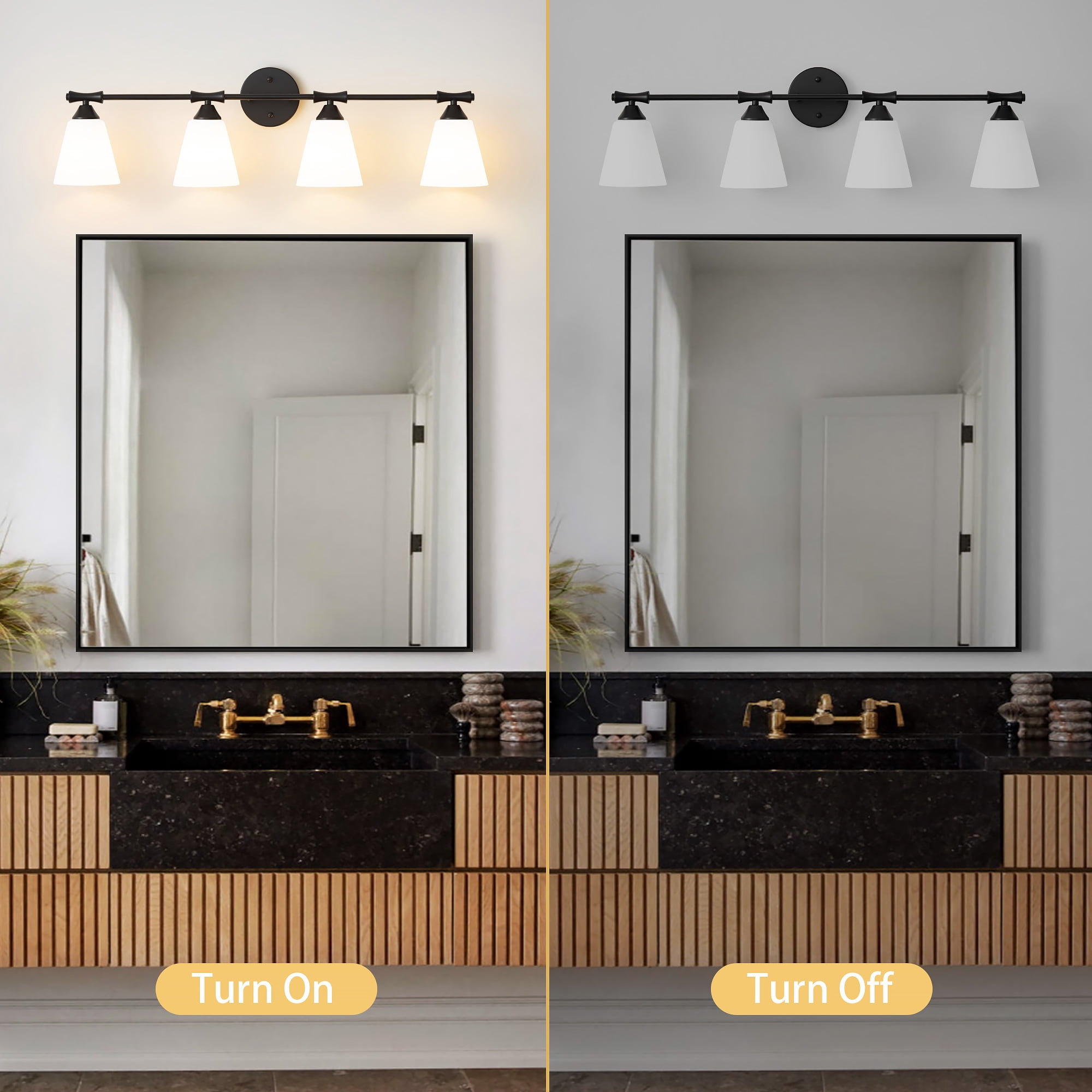Deyidn Black 4-Light Modern Bathroom Vanity Light - 33.86-Inch Dimmable Bathroom Light Fixture with Milky White Glass Shades for Mirror Lighting