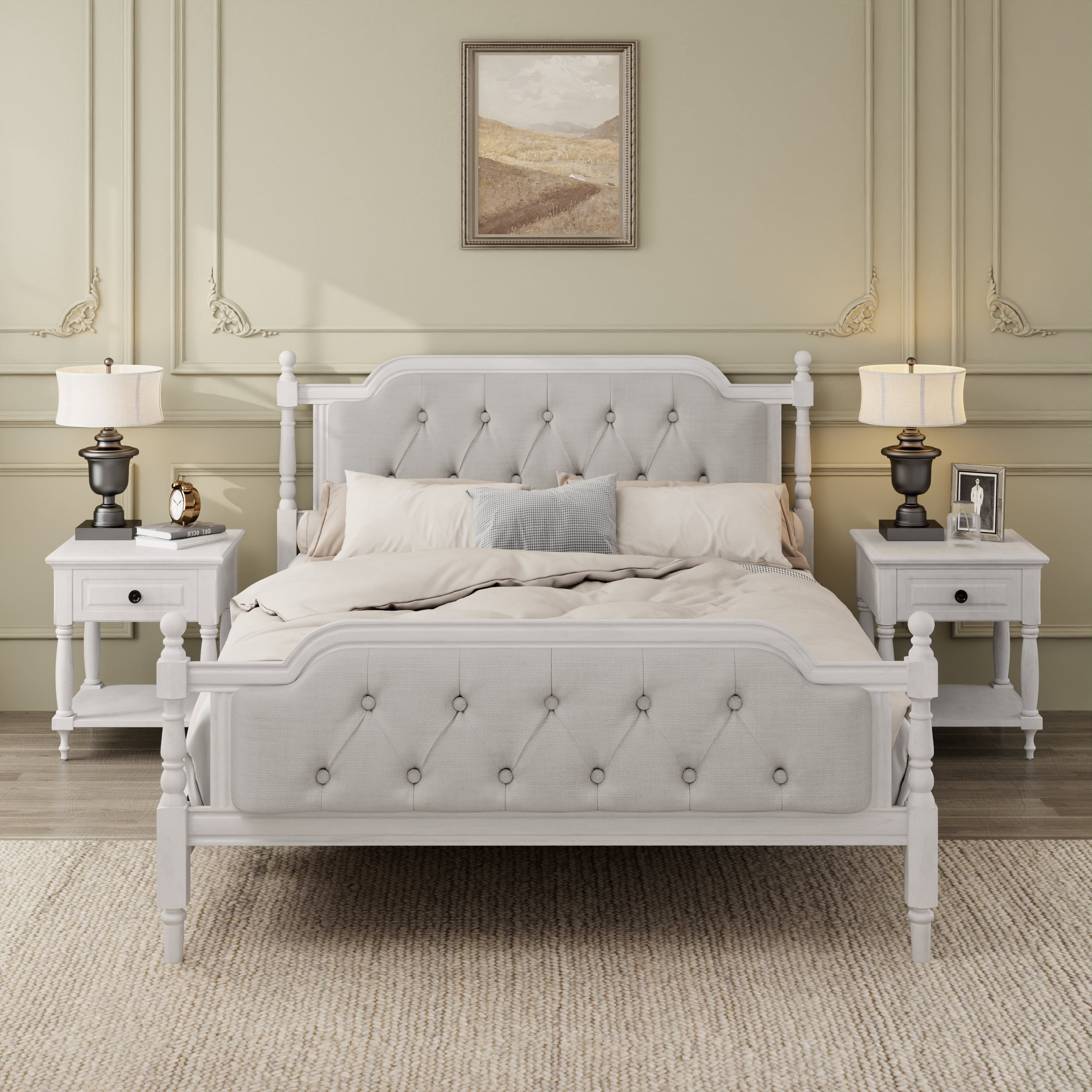 Euroco Traditional Wood Full Size Platform Bed with Upholstered Tufted Headboard, Antique White