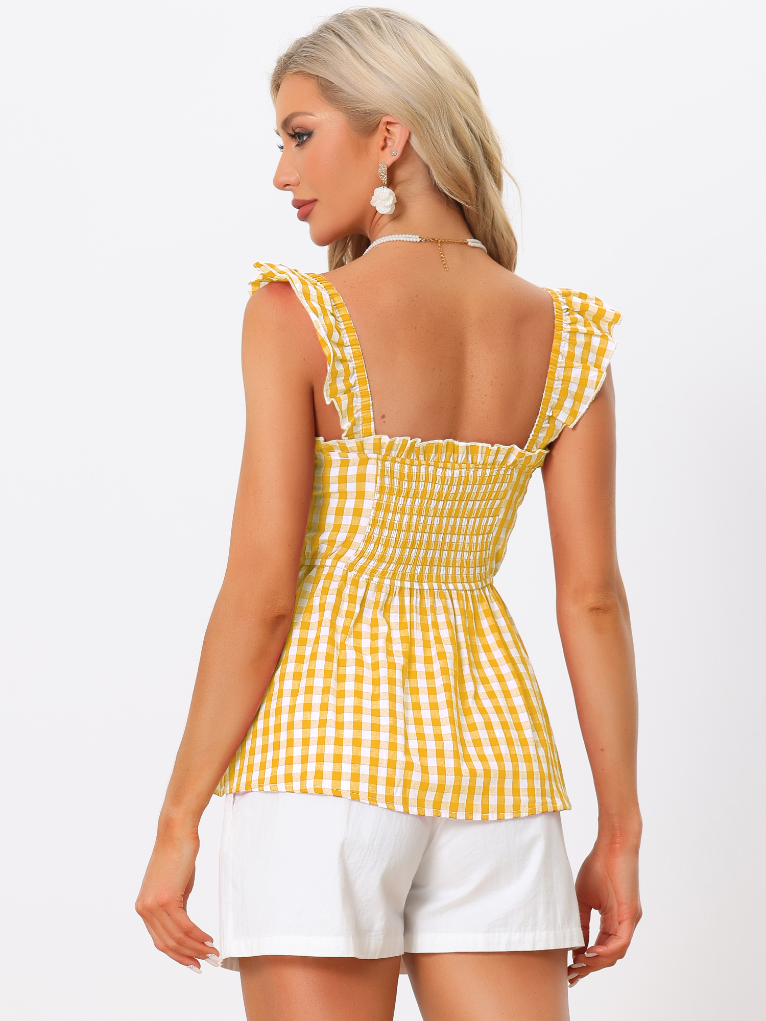 DARING DIVA Women's Gingham Peplum Square Neck Sleeveless Plaid Blouse L Yellow